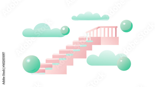 Pastel stairs to heaven with clouds and spheres, dream staircase illustration, stairway to success concept