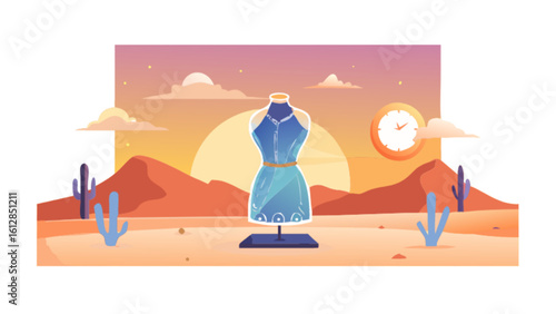 Fashion design mannequin dress in desert landscape vector illustration for clothing store and boutique ads