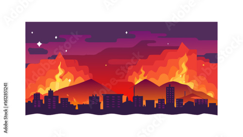 Wildfire burning city illustration vector design for disaster awareness and fire safety campaign use