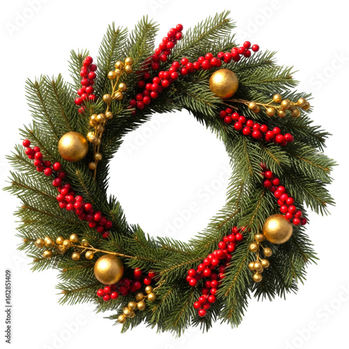 Festive christmas wreath with red berries and gold accents isolated on transparent background