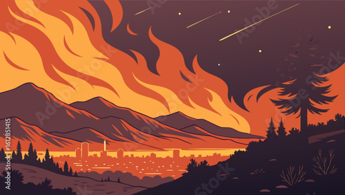 Wildfire disaster illustration with burning flames mountains and city landscape art background design
