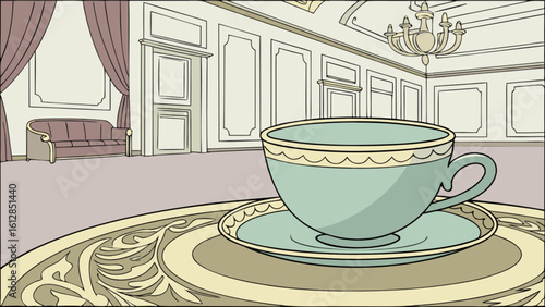 Vintage tea cup and saucer in elegant drawing room illustration for tea time and relaxation concept