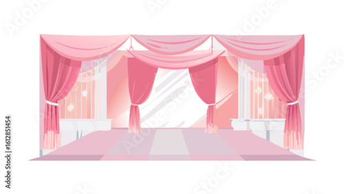 Elegant pink wedding stage backdrop with curtains and romantic lighting for event decoration design concept