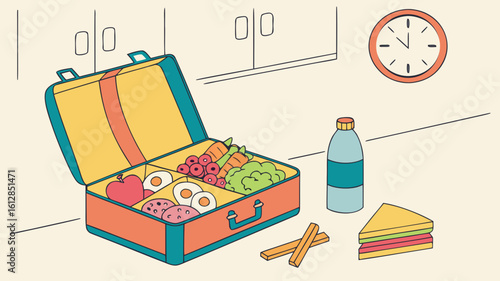 Vector of a packed lunchbox containing fruits, sandwich, veggies, and juice for kids.

