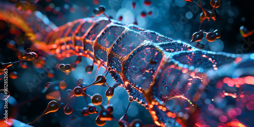 Abstract digital network with glowing lines and particles, Close-up of molecular structure with connected particles, High-tech visual of glowing network and data flow

