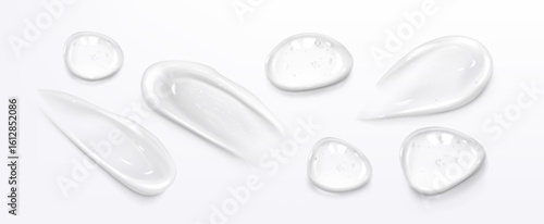 Clear gel smear set with various shapes - transparent cosmetic serum drops, glossy liquid patches, smooth texture samples for skincare product display, hyaluronic acid or medical ointment advertising.