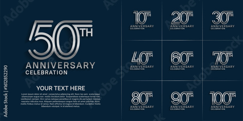 Anniversary logo style double line number set. silver color on blue background for celebration event