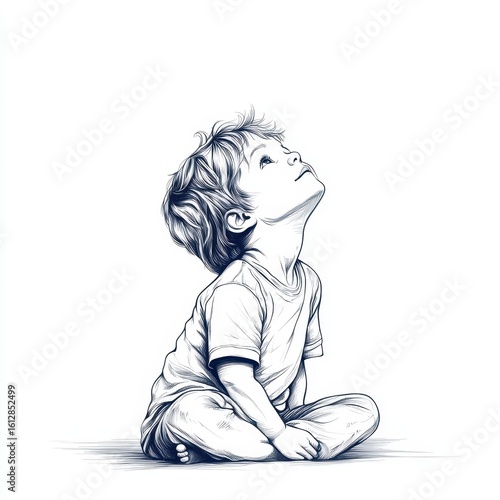 Young boy sitting and looking up thoughtfully in a serene, minimalist setting during daytime