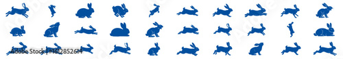 isolated blue rabbit silhouettes in various poses