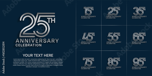 Anniversary logo style double line number set. silver color on blue background for celebration event