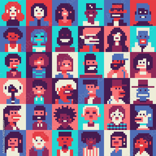 Set of 36 pixel art faces with unique expressions and diverse features, rendered in 8-bit style, male and female avatars, varied hairstyles, accessories, skin tones. Retro video games, user interface.