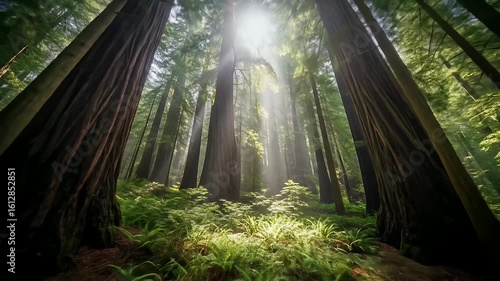 Sunlight filtering through tall trees creates a lush forest scene