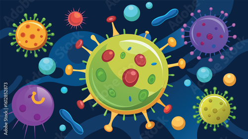 Colorful illustration of various cartoon-style virus and bacteria cells on a dark background
