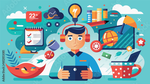 Young man engaged in creative digital work with technology and ideas in a bright, modern workspace