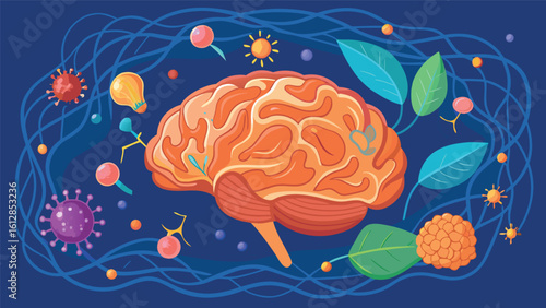 Colorful illustration depicting a brain surrounded by various microorganisms and plants in a vibrant design for educational purposes