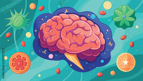 Colorful illustration of a brain surrounded by various microorganisms on a vibrant background