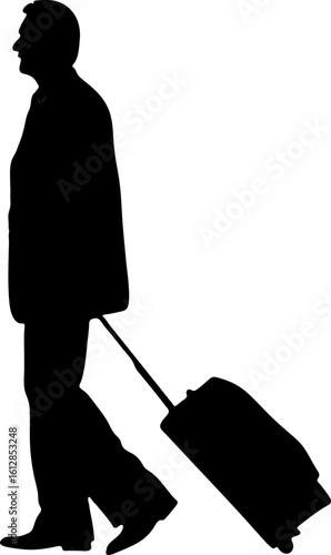 Traveling Man with Suitcase in Silhouette Mid-Stride on White Background Symbolizing Departure and Movement