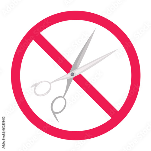 No hair cutting scissors sign, forbidden barber tool icon with red crossed circle, flat vector illustration