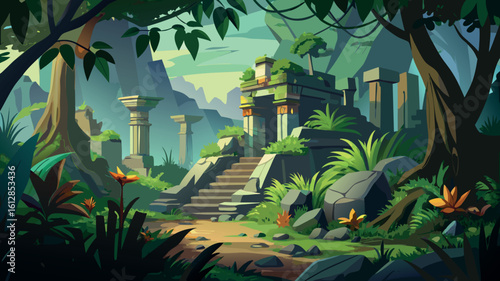 Ancient ruins surrounded by lush greenery in a vibrant jungle setting during daylight hours