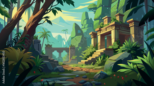 Ancient ruins surrounded by lush jungle in a tranquil landscape during daylight hours