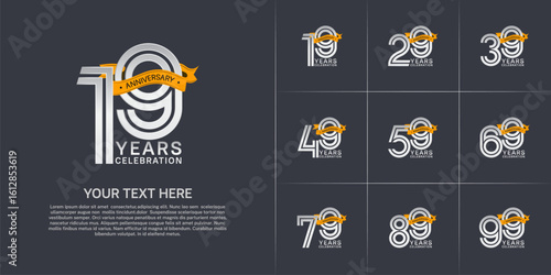 Anniversary logo style double line number set. white color with yellow ribbon for celebration event