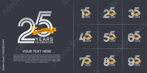 Anniversary logo style double line number set. white color with yellow ribbon for celebration event