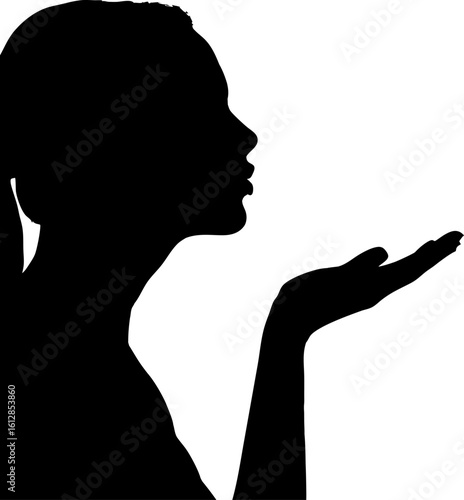 Silhouette of Woman in Profile Blowing a Kiss with Graceful Hand Gesture on Clean White Background