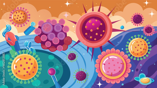 Colorful illustration of microscopic organisms in a vibrant, abstract environment