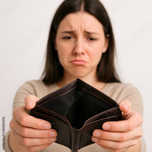 Sad Young Woman Showing Empty Wallet – Financial Crisis Concept