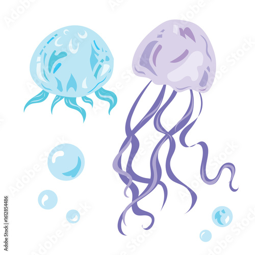Blue and purple jellyfish illustration set bundle colorful drawing isolated on square white background.
