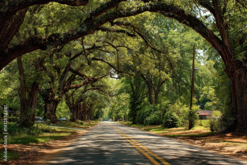 Obraz premium Albany Georgia. Third Avenue Oaks - Tranquil Tree-lined Road in Lush Green Park