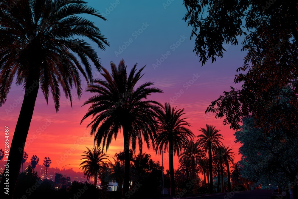 Obraz premium Silhouettes of palm trees against a vibrant sunset with hues of orange, pink, and purple illuminating the evening sky