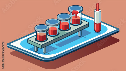 Laboratory equipment showcasing blood samples in glass vials on a tray with a pipette in a clinical setting