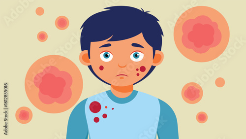 Boy with skin condition surrounded by germs in a healthcare illustration showing awareness of common ailments