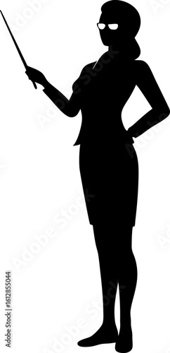 Confident Female Teacher Silhouette Holding Pointer in Professional Attire on White Background
