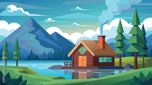 Rustic cabin by serene lake surrounded by mountains captures tranquil nature scene