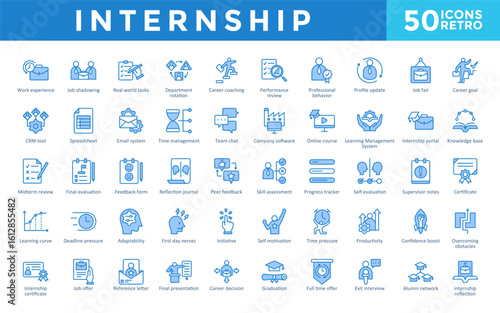 Internship icons set with work experience, job shadowing, real world tasks, department rotation, career coaching, performance review, professional behavior icon. Simple retro vector 
