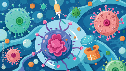 Colorful illustration of various microorganisms interacting in a vibrant, microscopic environment