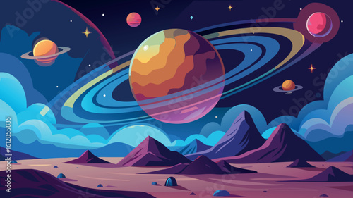 Colorful cosmic landscape with planets and mountains under a starry sky