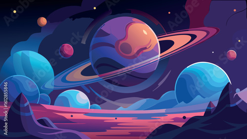 Colorful planetary landscape featuring a large ringed planet and multiple celestial bodies at dusk