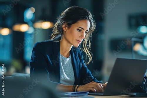 Young businesswoman professional employee using pc doing online banking analysing at workplace. Latin hispanic middle age business woman working on laptop computer in modern office. Banner, copy space