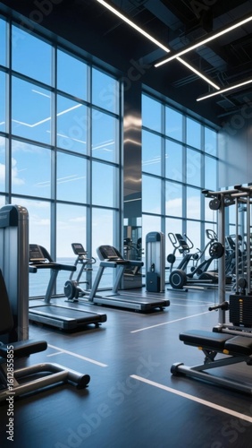 Modern gym with treadmills and weight machines near large windows overlooking the sea