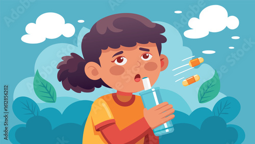Child enjoys refreshing drink while feeling slightly unwell outside in nature on a sunny day