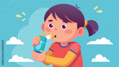 Kid enjoying refreshing drink outdoors in bright blue sky with fluffy clouds
