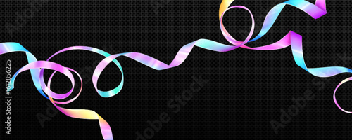 Holographic tape ribbons frame on transparent background - iridescent gradient strips with pink, blue and yellow metallic shine. Decorative hologram curls border for party celebration, gift wrapping.