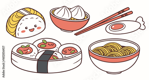 Charming cartoon illustration of various delicious asian foods