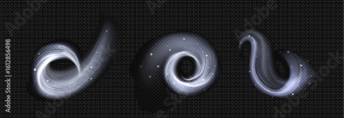 Magic wind swirls with snow particles on dark background - glowing winter spiral effects, white sparkles and cold air streams. Fantasy blizzard for game spell, mystical atmosphere and seasonal design.