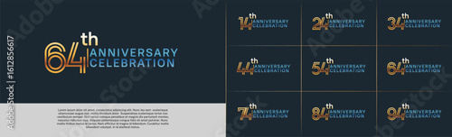 Anniversary logo type set with double line number. gold and blue color for celebration event