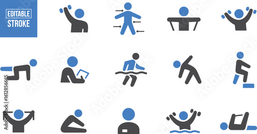 Fitness Workout Vector Icons – Exercise, Gym, Training, Health, Bodybuilding, Strength, Routine, Cardio, Movement, Sports, Athlete, Warmup, Active, Stretching, Fit, Wellness, Muscle

