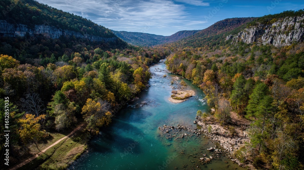 Arkansas Nature. Aerial View of Buffalo National River Surrounded by Sky, Mountains, and Autumn Forest Arkansas Nature. Aerial View of Buffalo National River Surrounded by Sky, Mountains, and Autumn Forest